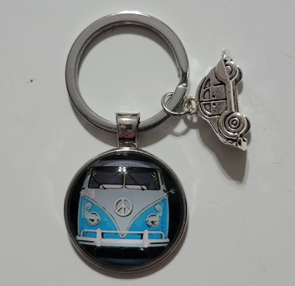 Volkswagen VW VAN SAMBA Vintage Hippie Peace Sign Bus Beetle Bug Keychain Blue